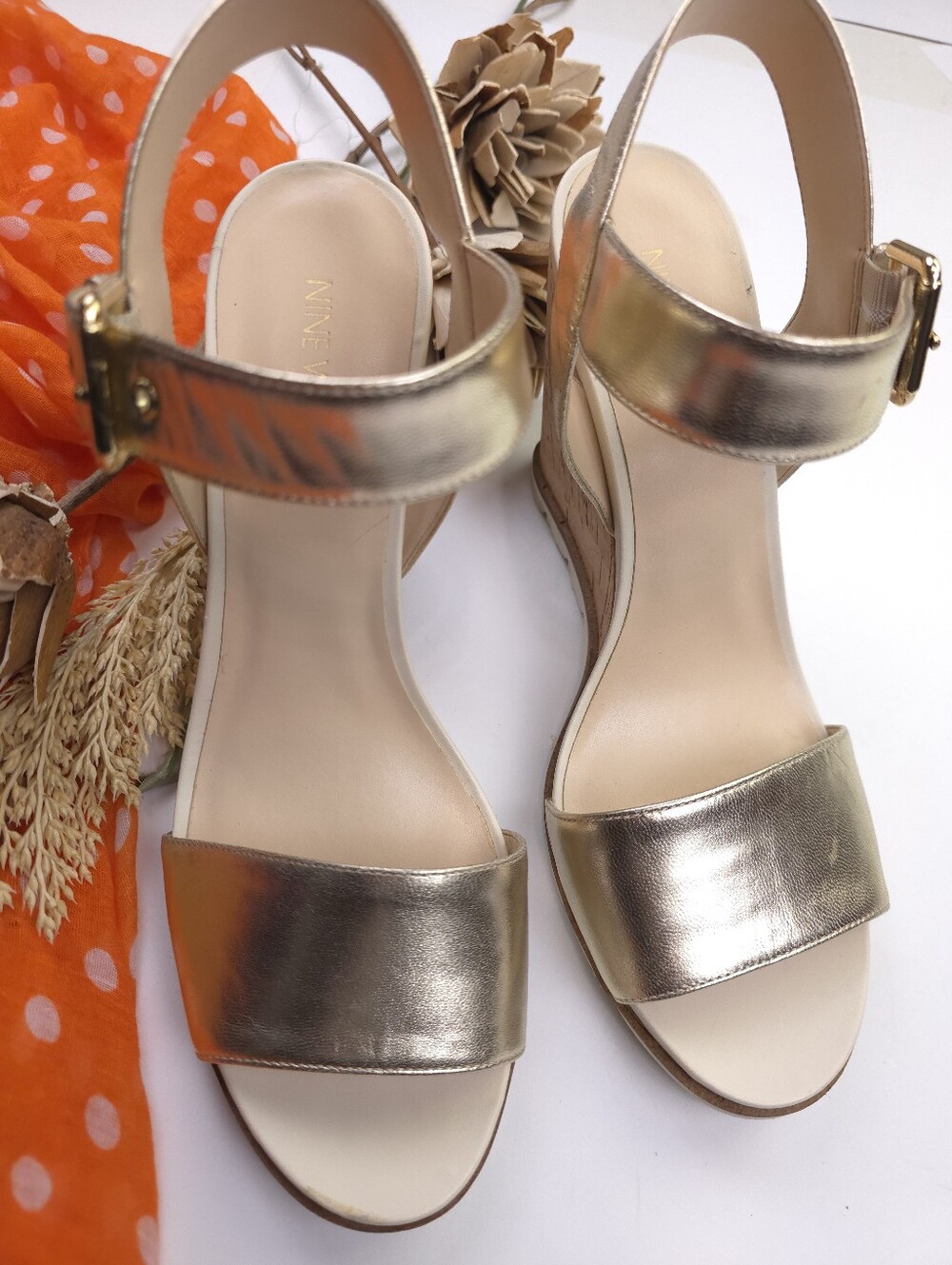 Metallic Gold Wedge Sandals with Ankle Strap Sz 11M - Picture 5 of 12